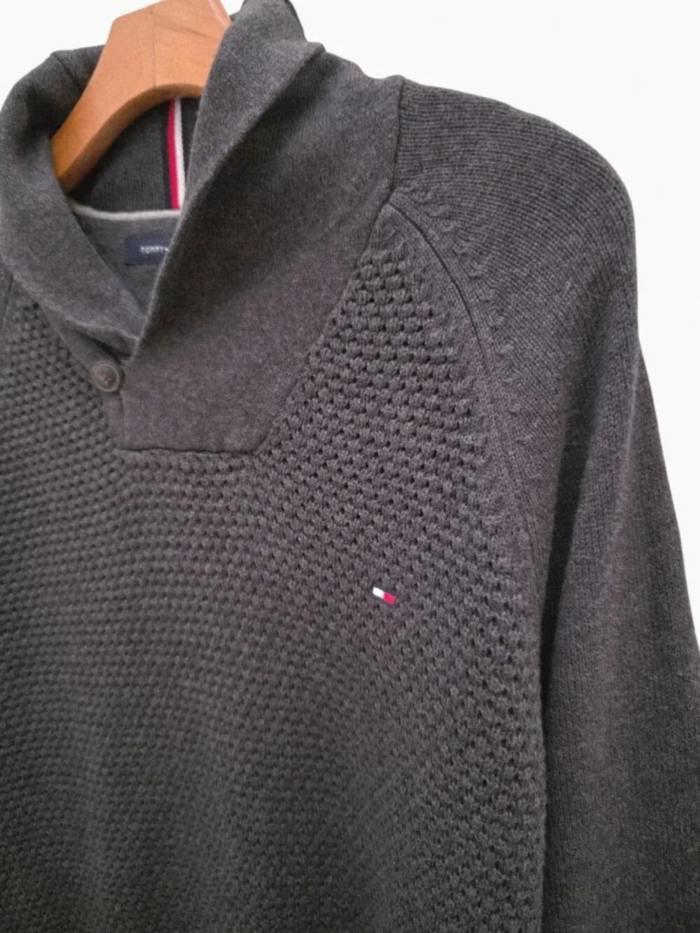 Tommy Hilfiger Waffle Knit Shawl-Collar Pullover Cotton Sweater Gray Men's Sz L